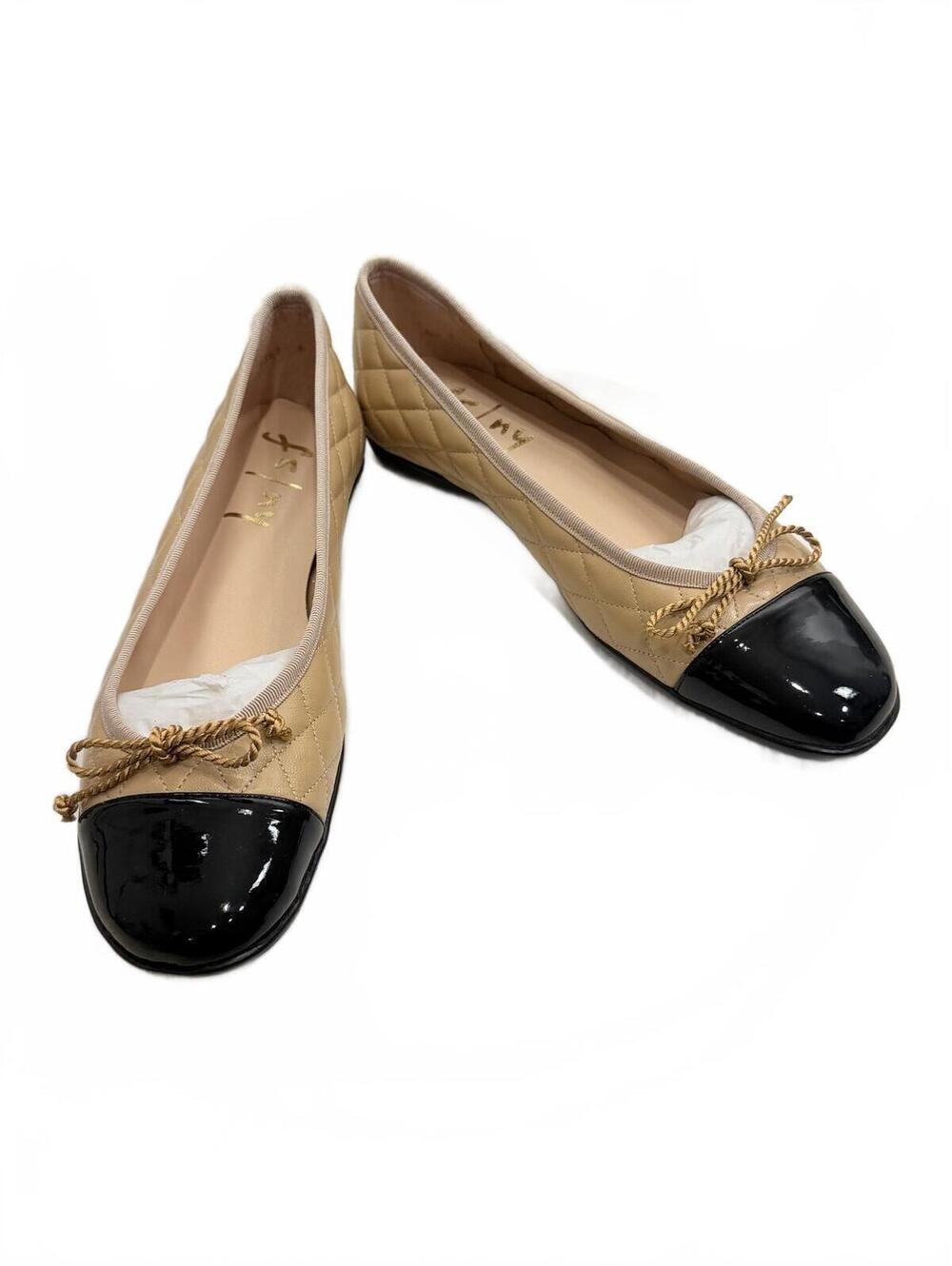 French Sole FS/NY Ballet Flats Quilted Beige Black Cap Toe Size 6